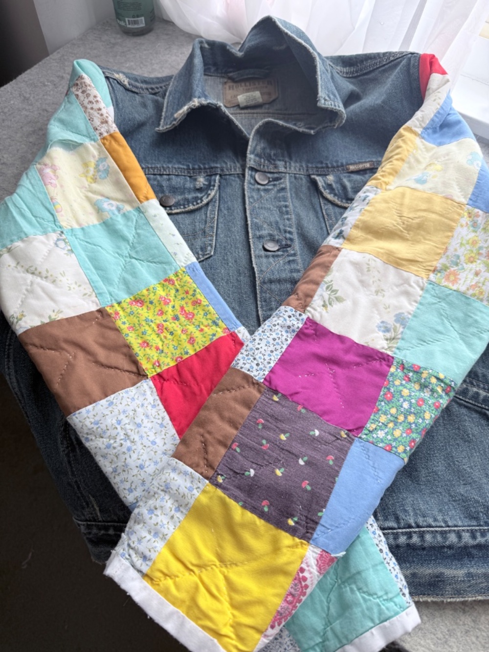 Upcycled Denim Jacket w/ vintage quilt sleeves - Picture 2 of 3